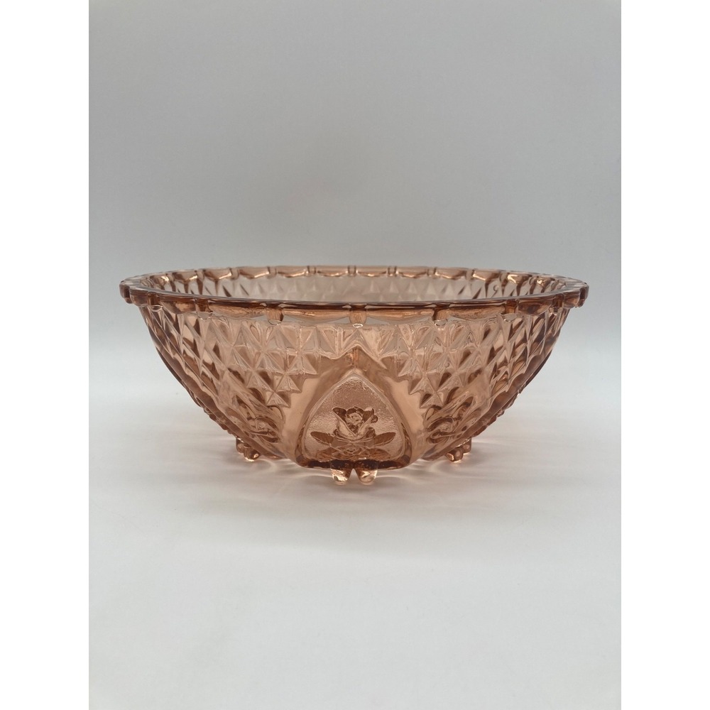 Vtg KIG Indonesia Pink Glass Footed Bowl Rose Heart Fleur De Lis Diamond Point